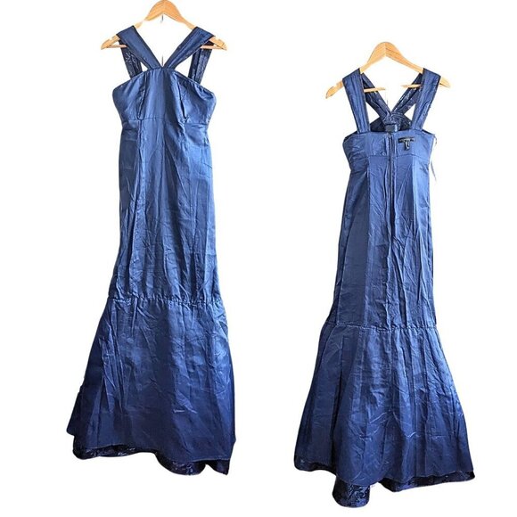 NWT BHLDN Aidan Mattox Midnight Blue Damask Godet Halter Luxe Mermaid Gown Sz 4 - Picture 4 of 9